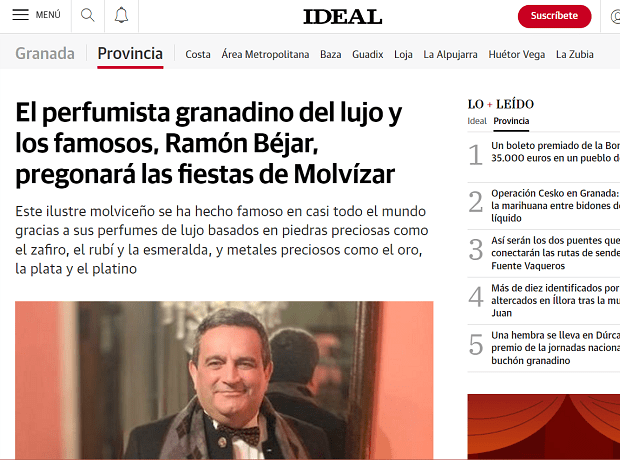 El perfumista granadino del lujo y los famosos, Ramón Béjar, pregonará las fiestas de Molvízar